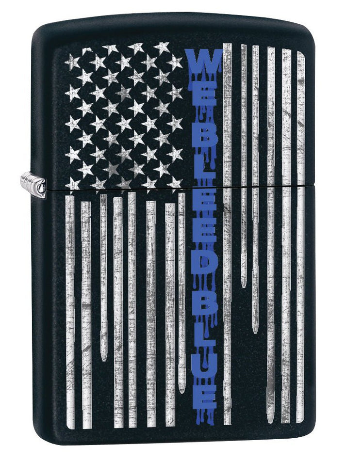 Zippo Lighter: Police Flag, We Bleed Blue - Black Matte 79926