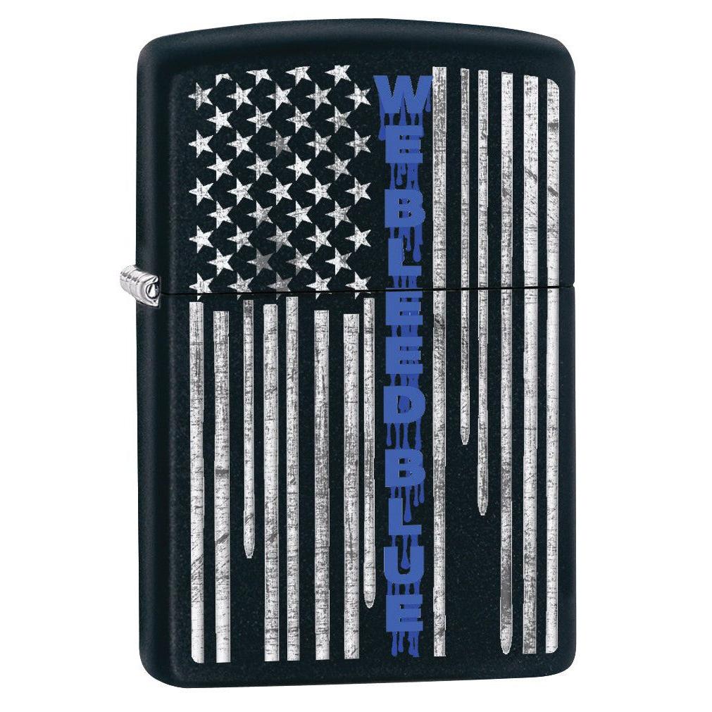 Zippo Lighter: Police Flag, We Bleed Blue - Black Matte 79926