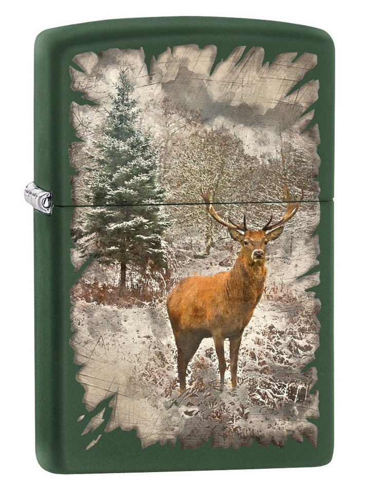 Zippo Lighter: Red Deer in the Woods - Green Matte 80517