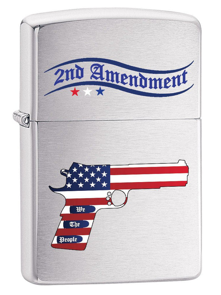 Zippo Lighter: Second Amendment Gun and American Flag - Brushed Chrome 79545