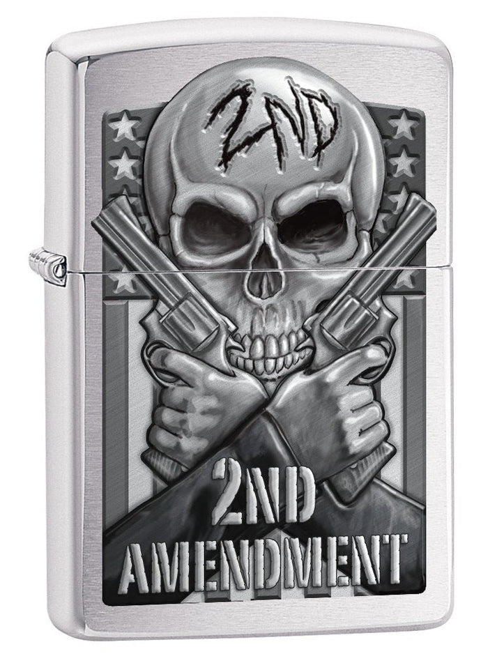 Zippo Lighter: Second Amendment, Skull and Guns - Brushed Chrome 78702