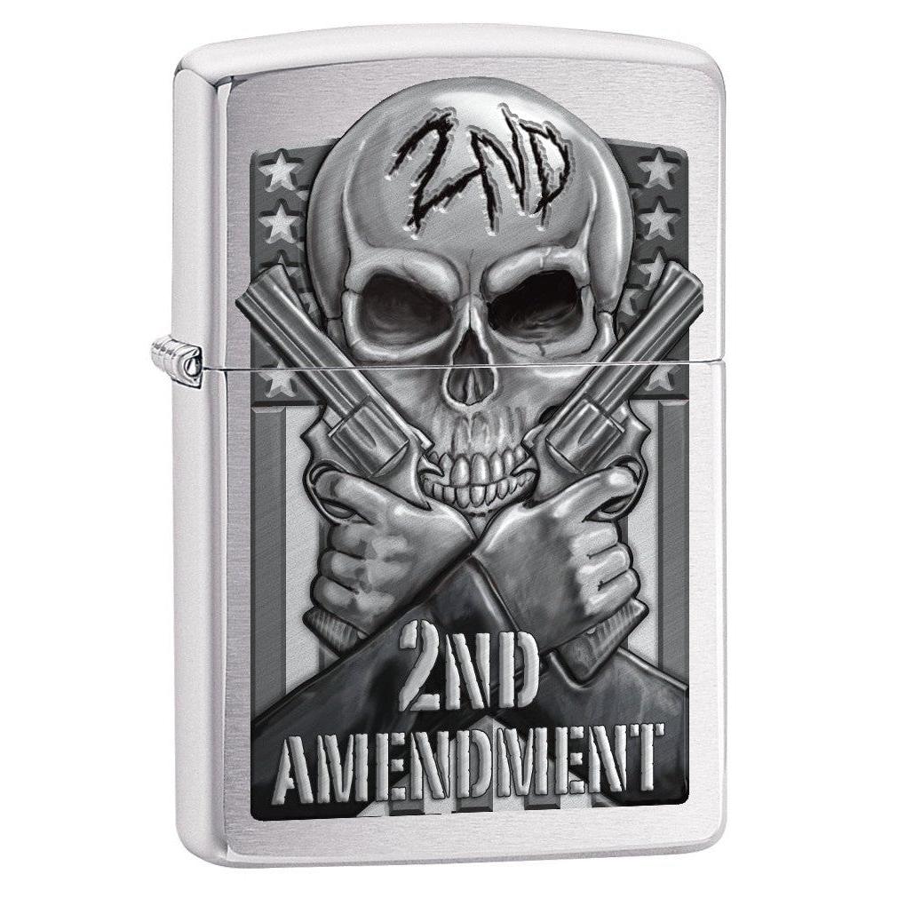 Zippo Lighter: Second Amendment, Skull and Guns - Brushed Chrome 78702