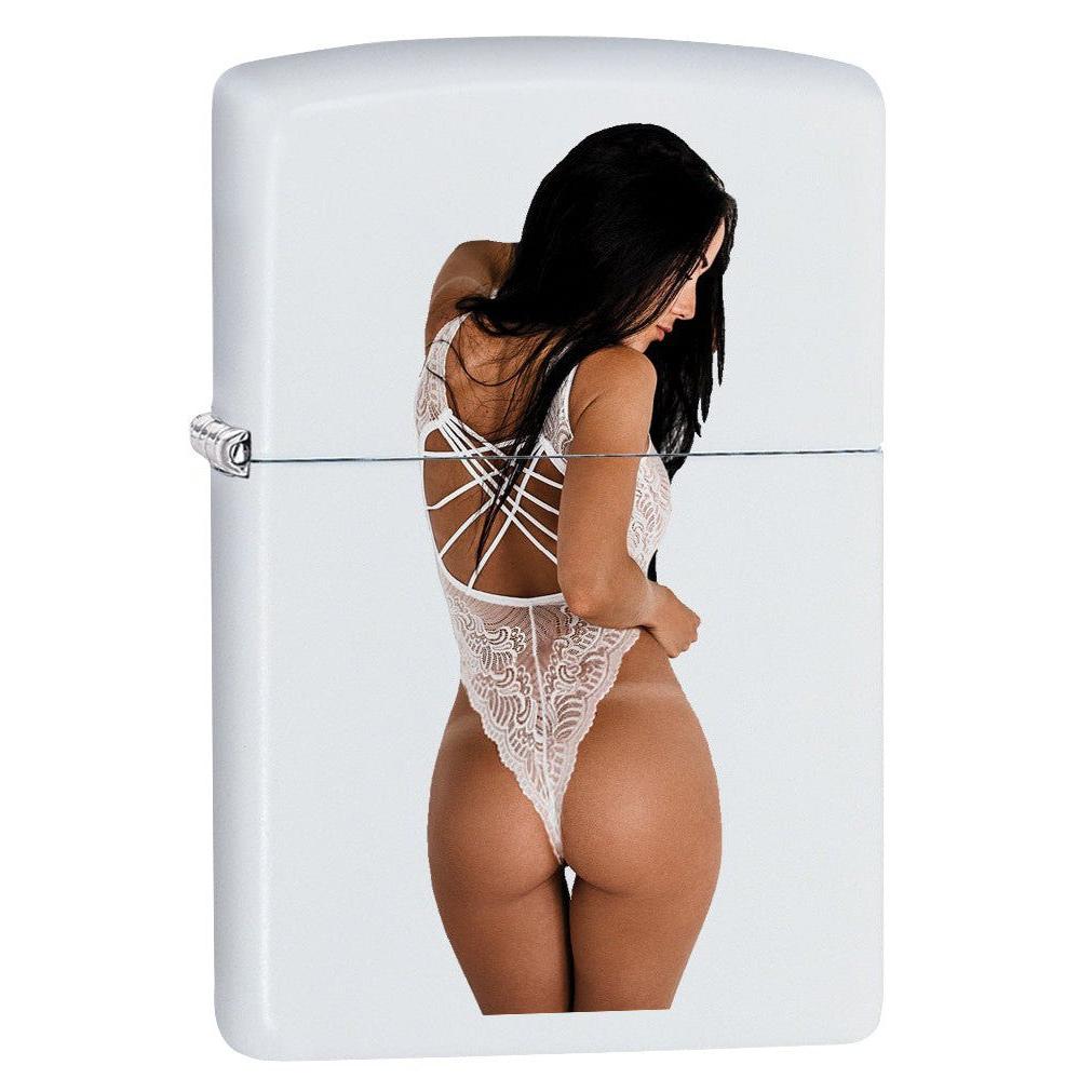 Zippo Lighter: Sexy Brunette Girl in White Lingerie - White Matte 79908