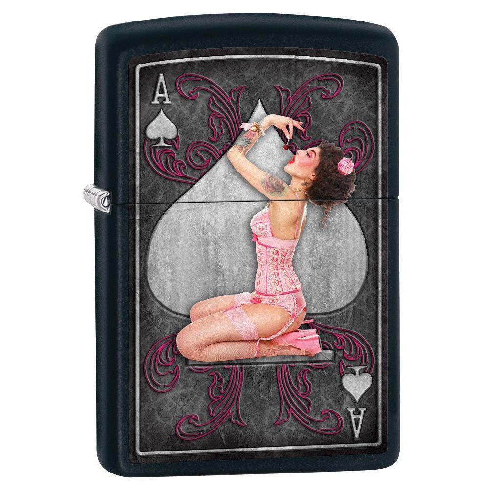 Zippo Lighter: Sexy Pin-Up Girl, Ace of Spades - Black Matte 79557