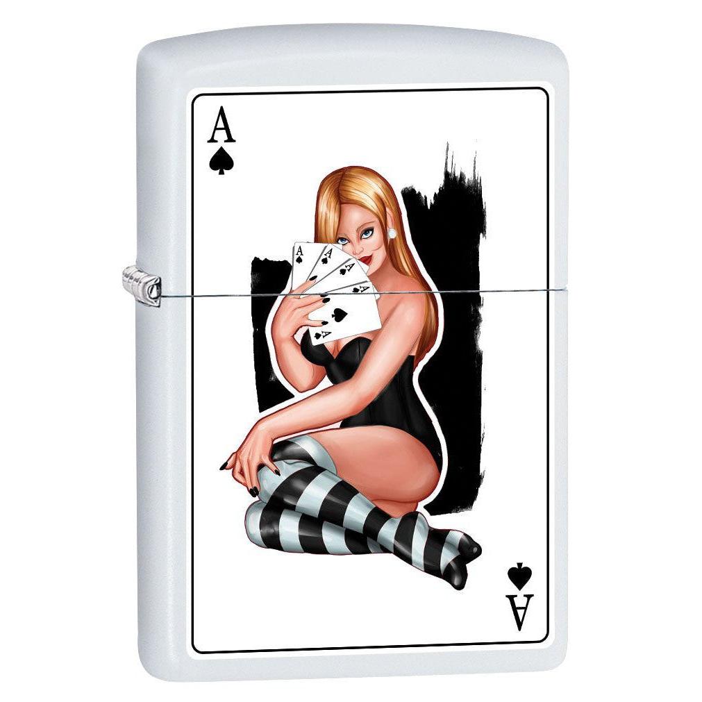 Zippo Lighter: Sexy Pin-Up Girl, Four Ace of Spades - White Matte 79554