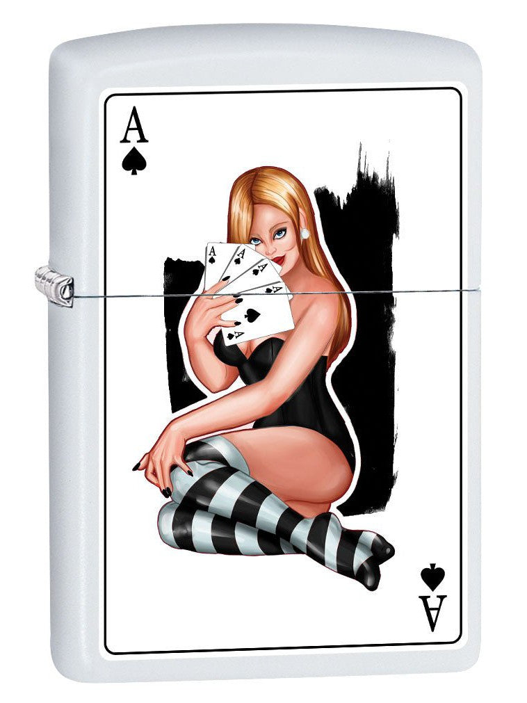Zippo Lighter: Sexy Pin-Up Girl, Four Ace of Spades - White Matte 79554