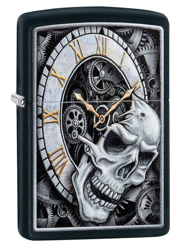 Zippo Lighter: Skull and Clock - Black Matte 29854