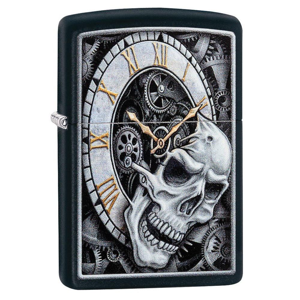Zippo Lighter: Skull and Clock - Black Matte 29854