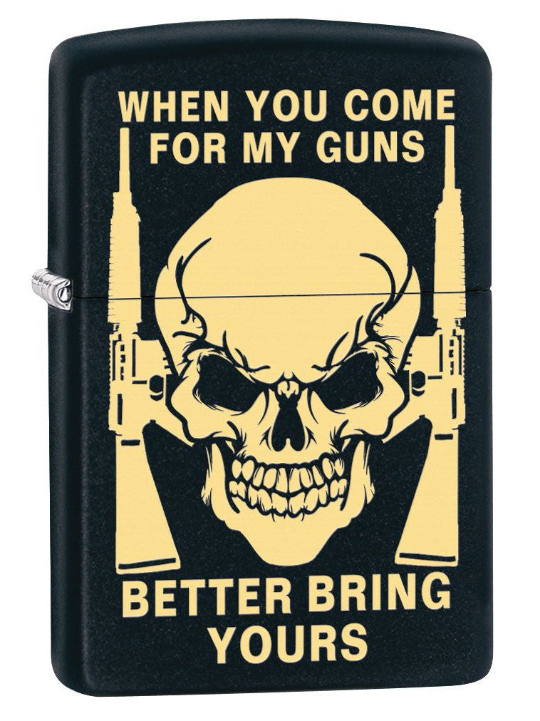 Zippo Lighter: Skull, Bring Your Guns Engraved - Black Matte 80430