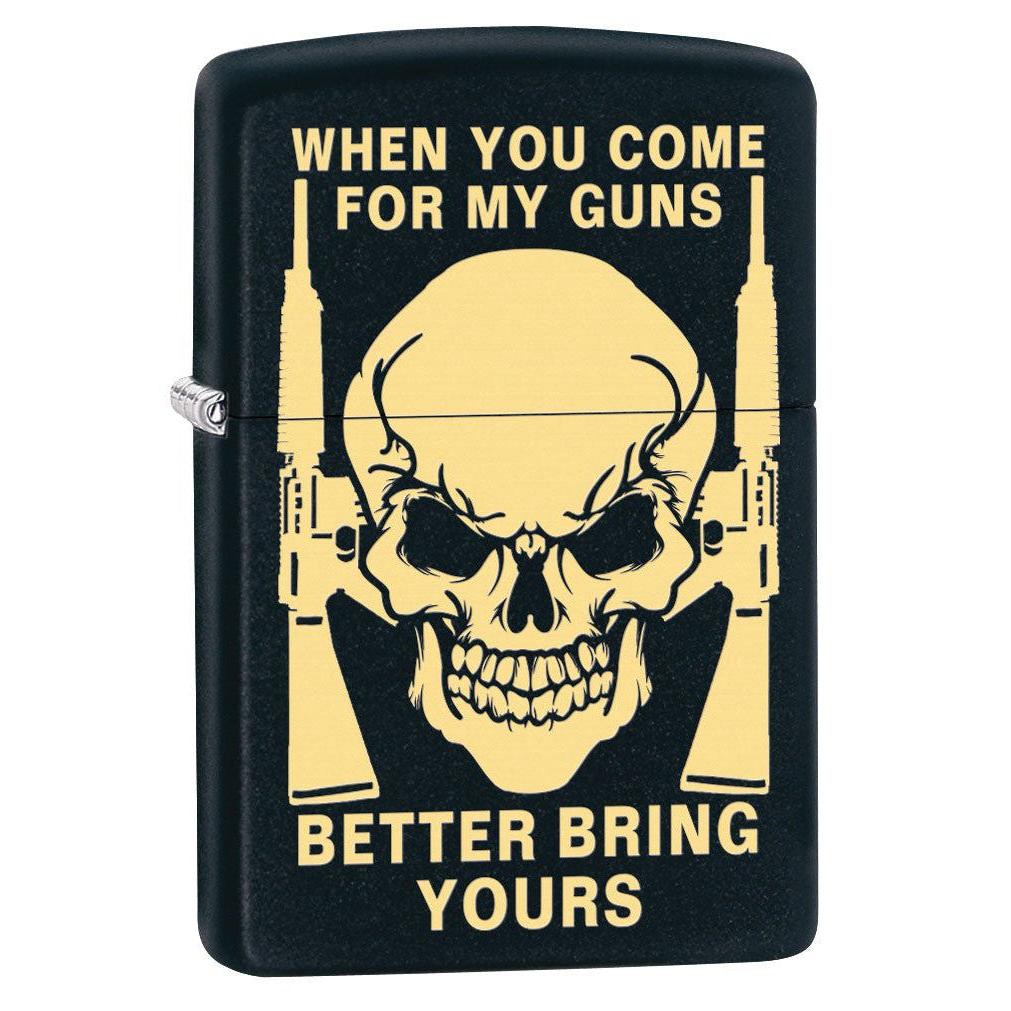 Zippo Lighter: Skull, Bring Your Guns Engraved - Black Matte 80430
