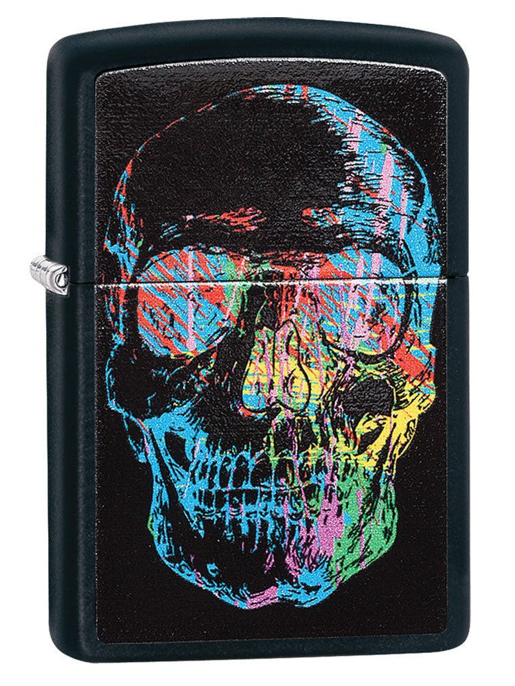 Zippo Lighter: Skull with Colorful Abstract Paint - Black Matte