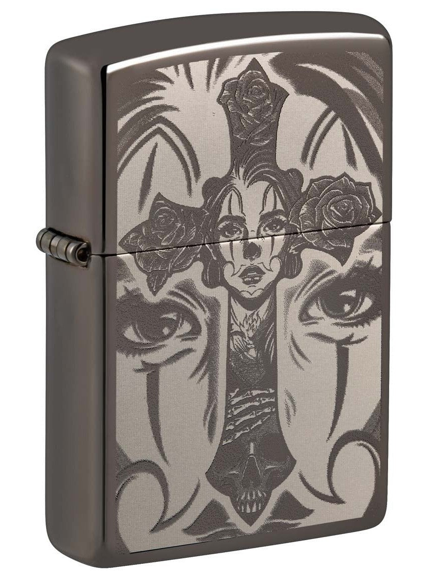 Zippo Lighter: Skull with Cross, Photo Image - Black Ice 48411