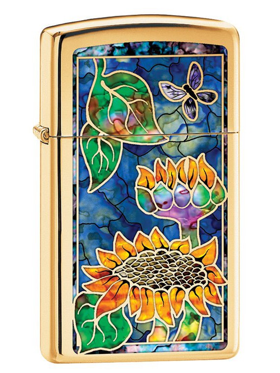 Zippo Lighter: Slim Fusion Sunflowers - High Polish Brass 79785