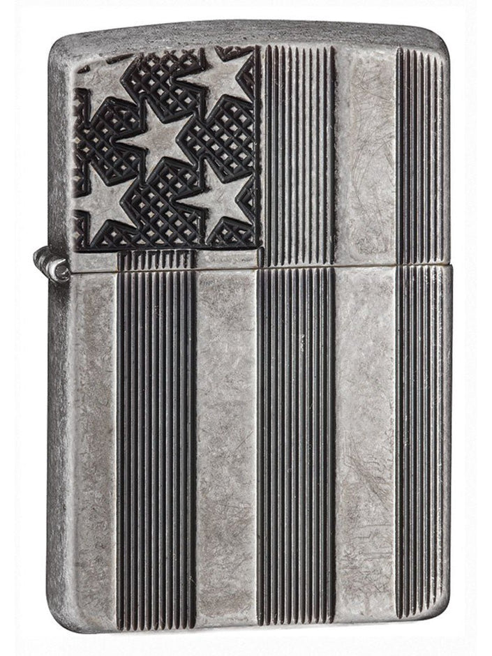 Zippo Lighter: United States Flag, Armor - Antique Silver Plate 28974