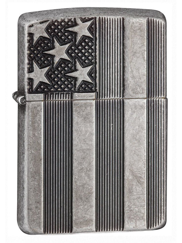 Zippo Lighter: United States Flag, Armor - Antique Silver Plate 28974