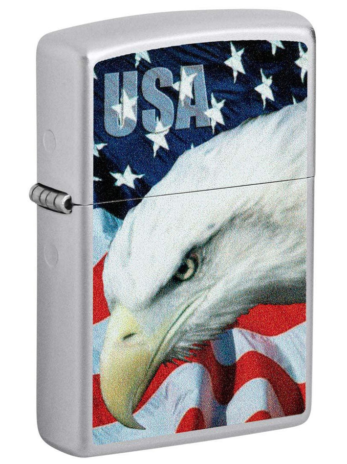 Zippo Lighter: USA Bald Eagle and Flag - Satin Chrome 81402