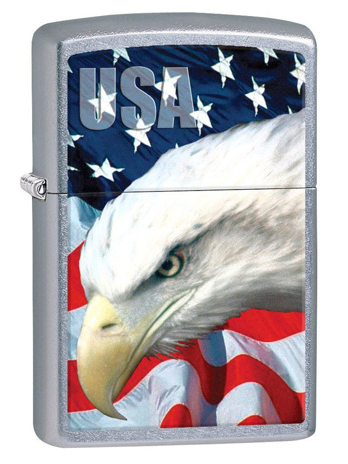 Zippo Lighter: USA Bald Eagle and Flag - Street Chrome 78591