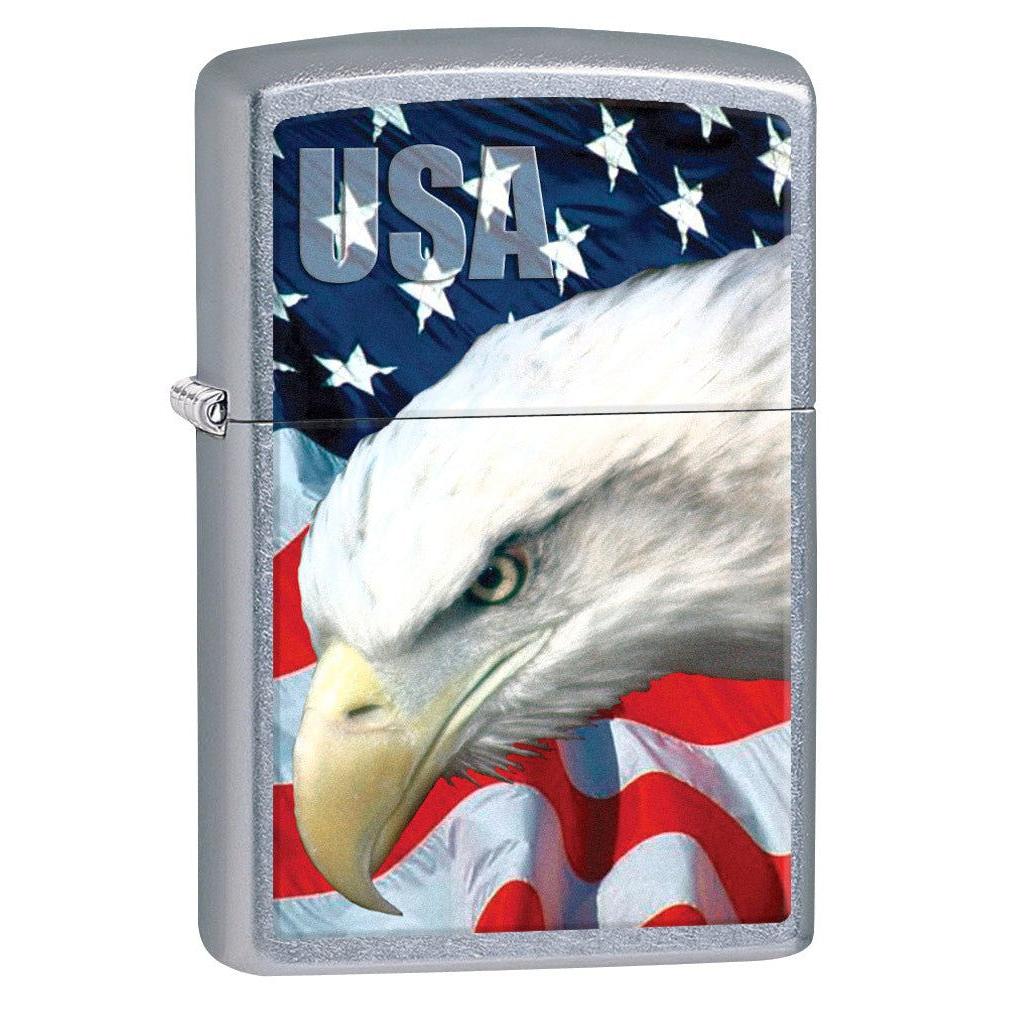 Zippo Lighter: USA Bald Eagle and Flag - Street Chrome 78591