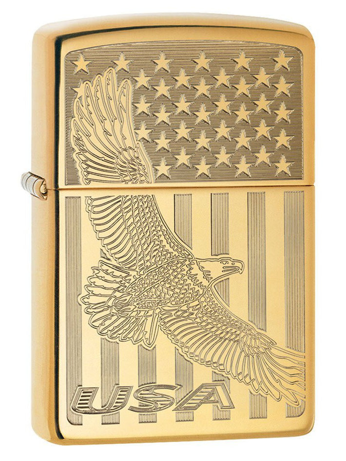 Zippo Lighter: USA Flying Eagle and Flag, Engraved - High Polish Brass 80744