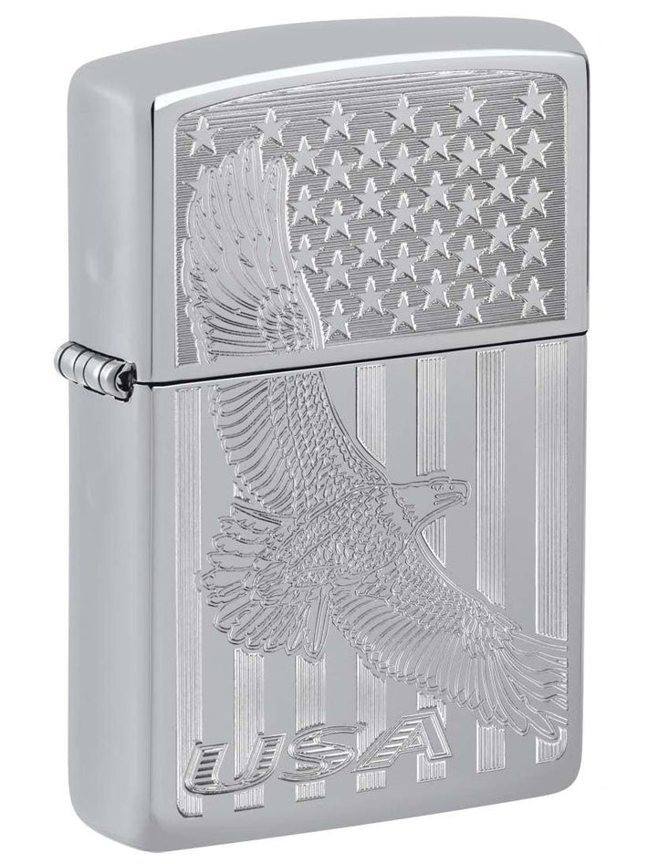 Zippo Lighter: USA Flying Eagle and Flag, Engraved - High Polish Chrome 81395