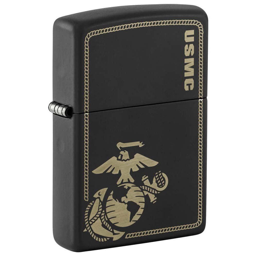 Zippo Lighter: USMC Marines Logo with Border, Engraved - Black Matte 81258