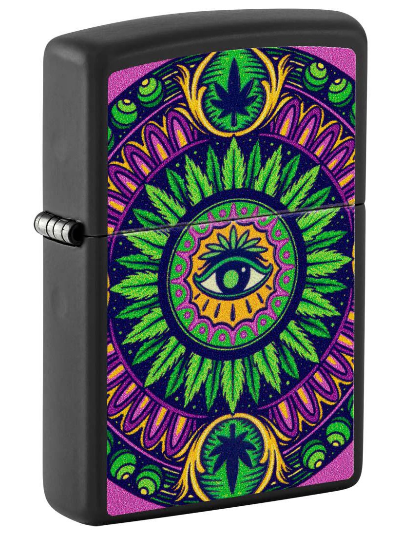 Zippo Lighter: Weed Leaf Design with Eye, Black Light - Black Matte 48583