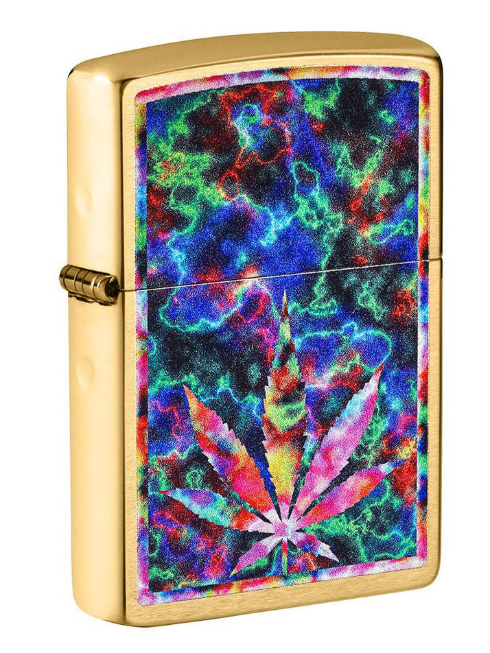 Zippo Lighter: Weed Leaf in Color - Brushed Brass 49398