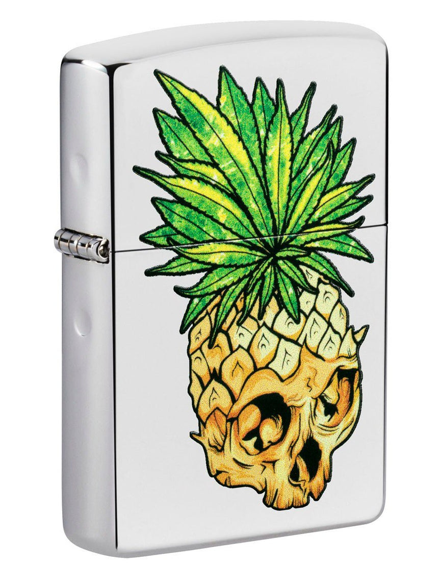 Zippo Lighter: Weed Leaf on Pineapple Skull - High Polish Chrome 49241