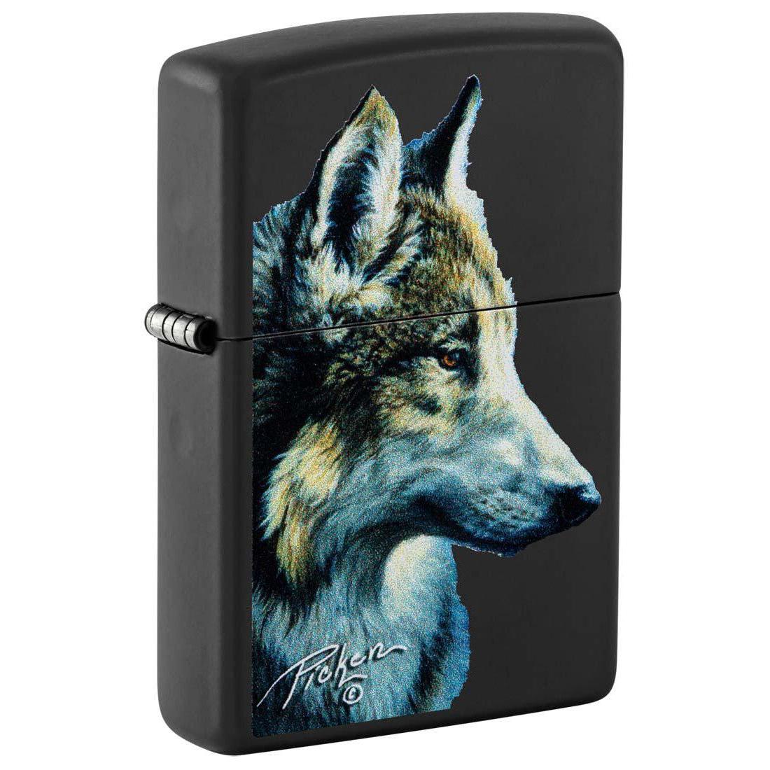 Zippo Lighter: Wolf Head by Linda Picken - Black Matte 48598