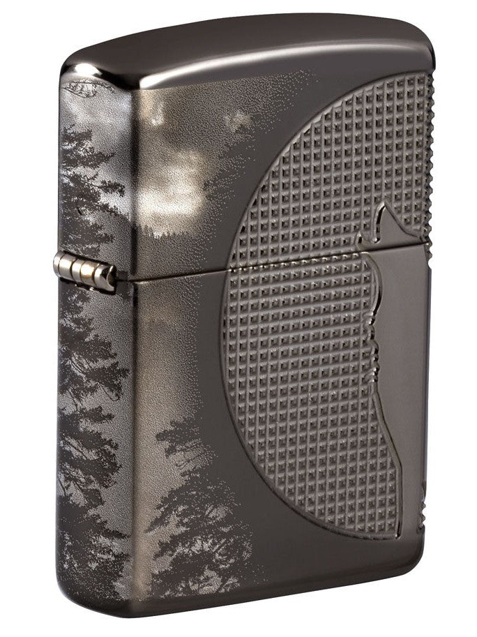 Zippo Lighter: Wolf Howling, Armor Multicut - High Polish Black Ice 49353