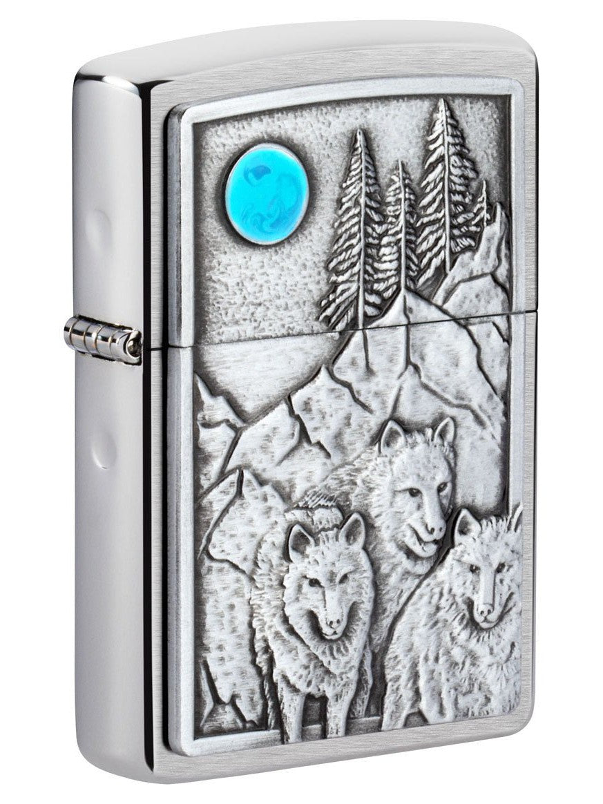 Zippo Lighter: Wolf Pack and Moon Emblem - Brushed Chrome 49295