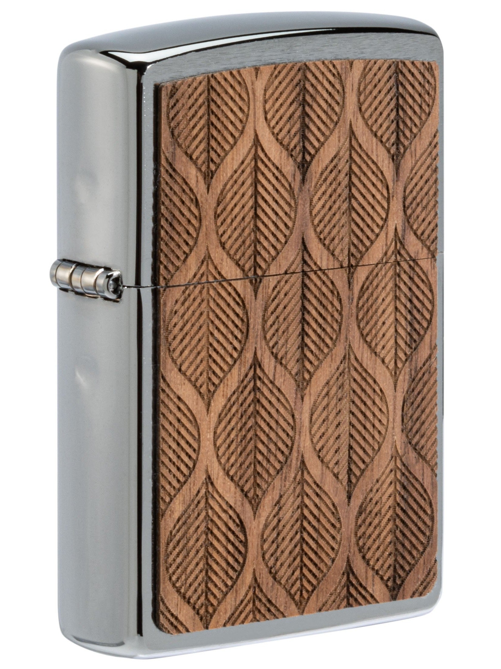 Zippo Lighter: Woodchuck Walnut with Leaves - Brushed Chrome 49708