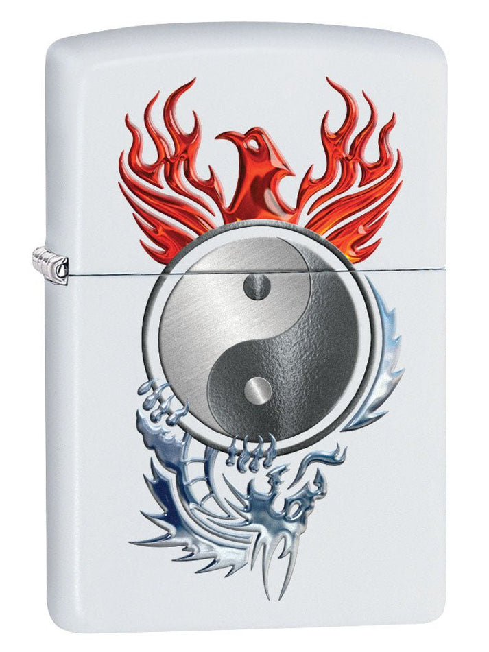 Zippo Lighter: Yin and Yang, Phoenix and Dragon - White Matte 80649